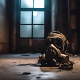 A gas mask on the floor of an old industrial warehouse with machinery, boilers, and antique gears