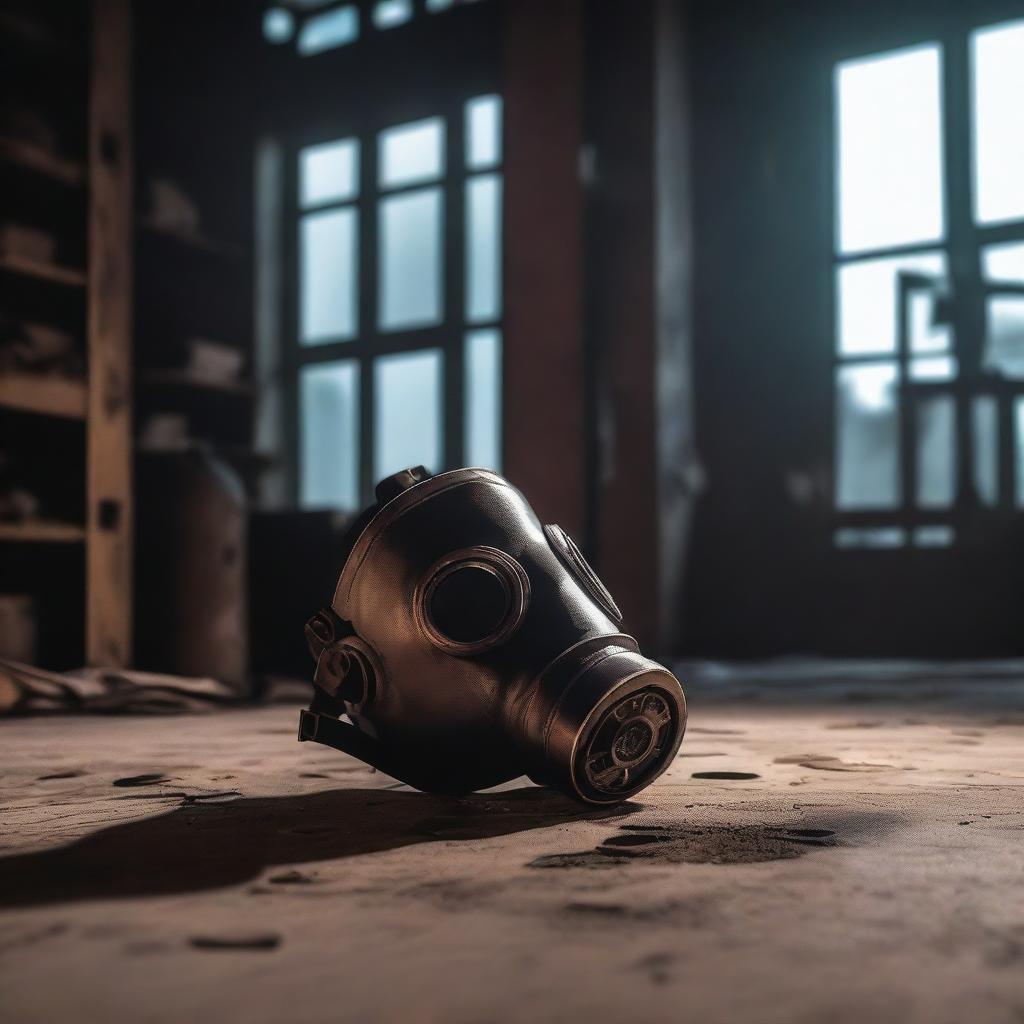 A gas mask on the floor of an old industrial warehouse with machinery, boilers, and antique gears