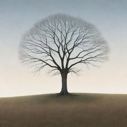 A Ghibli-style illustration of a solitary, leafless tree standing in the center of a vast grassland during fall. Its stark bareness symbolizes hope in the heart of the autumnal expanse.