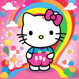 A cute and adorable Hello Kitty character standing in a colorful and cheerful background with flowers and rainbows