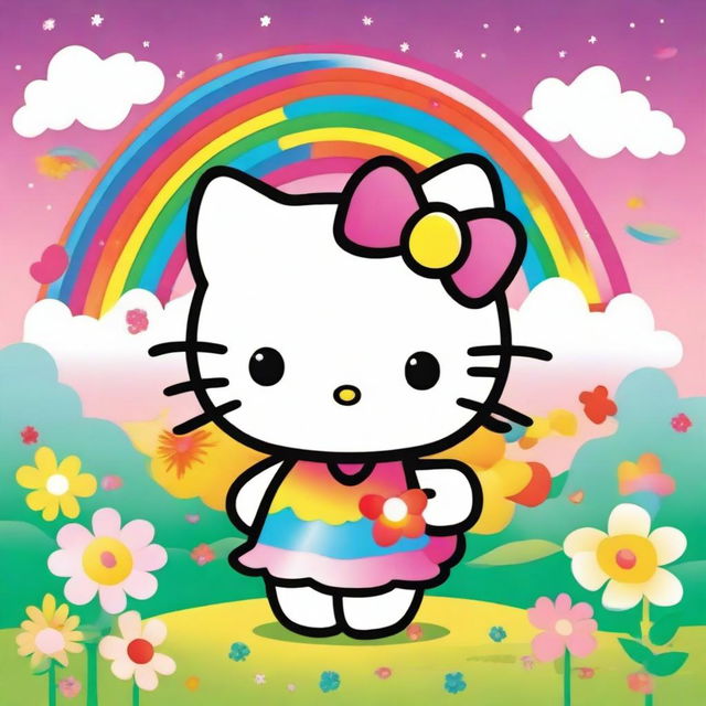 A cute and adorable Hello Kitty character standing in a colorful and cheerful background with flowers and rainbows