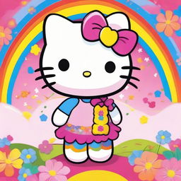 A cute and adorable Hello Kitty character standing in a colorful and cheerful background with flowers and rainbows