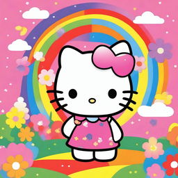 A cute and adorable Hello Kitty character standing in a colorful and cheerful background with flowers and rainbows