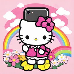 A cute and adorable Hello Kitty character holding a phone case with a matching Hello Kitty design