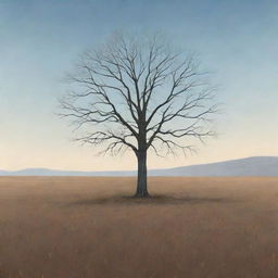 A Ghibli-style illustration of a solitary, leafless tree standing in the center of a vast grassland during fall. Its stark bareness symbolizes hope in the heart of the autumnal expanse.