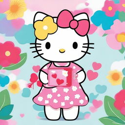 A cute image of Hello Kitty holding a phone case in her hand