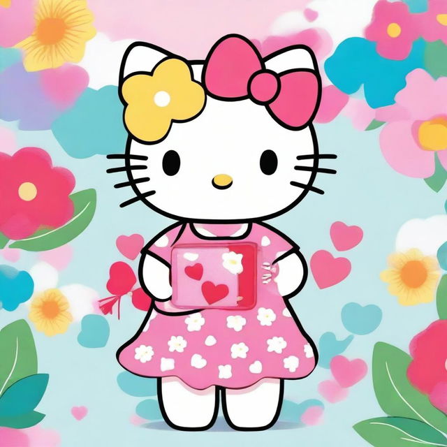 A cute image of Hello Kitty holding a phone case in her hand