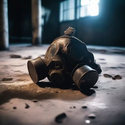 A gas mask lying on the floor of an old industrial warehouse with machinery, boilers, and old gears