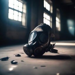 A gas mask lying on the floor of an old industrial warehouse with machinery, boilers, and old gears