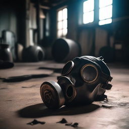 A gas mask lying on the floor of an old industrial warehouse with machinery, boilers, and old gears