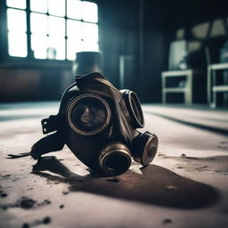 A gas mask lying on the floor of an old industrial warehouse with machinery, boilers, and old gears