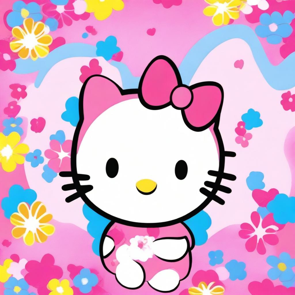 A cute and adorable Hello Kitty character, with a pink bow on her head, standing in a colorful and cheerful background filled with flowers and hearts