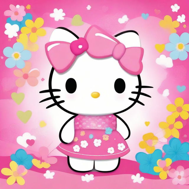 A cute and adorable Hello Kitty character, with a pink bow on her head, standing in a colorful and cheerful background filled with flowers and hearts