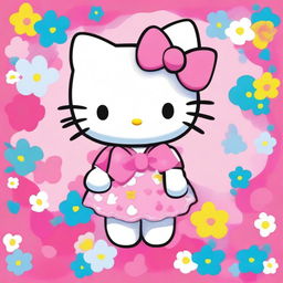 A cute and adorable Hello Kitty character, with a pink bow on her head, standing in a colorful and cheerful background filled with flowers and hearts