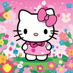 A cute and adorable Hello Kitty character, with a pink bow on her head, standing in a colorful and cheerful background filled with flowers and hearts