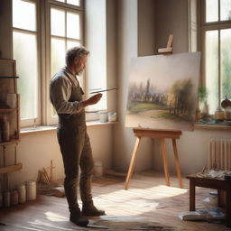 Create a detailed and realistic image of an Austrian painter in a classic art studio