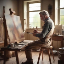 Create a detailed and realistic image of an Austrian painter in a classic art studio