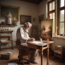 Create a detailed and realistic image of an Austrian painter in a classic art studio