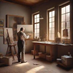 Create a detailed and realistic image of an Austrian painter in a classic art studio