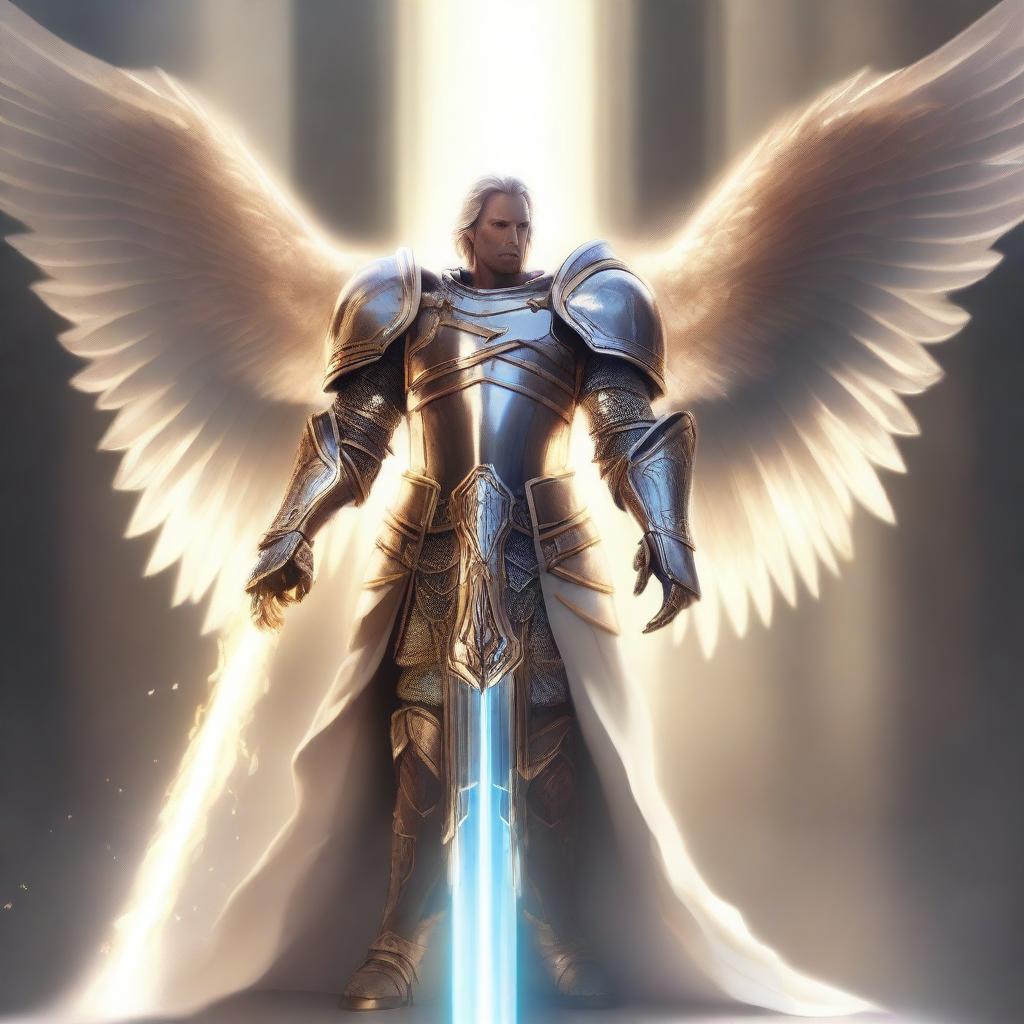 A majestic Aasimar Paladin standing tall in shining armor, with radiant wings spread wide