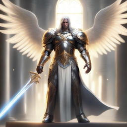 A majestic Aasimar Paladin standing tall in shining armor, with radiant wings spread wide