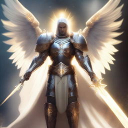 A majestic Aasimar Paladin standing tall in shining armor, with radiant wings spread wide