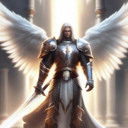 A majestic Aasimar Paladin standing tall in shining armor, with radiant wings spread wide