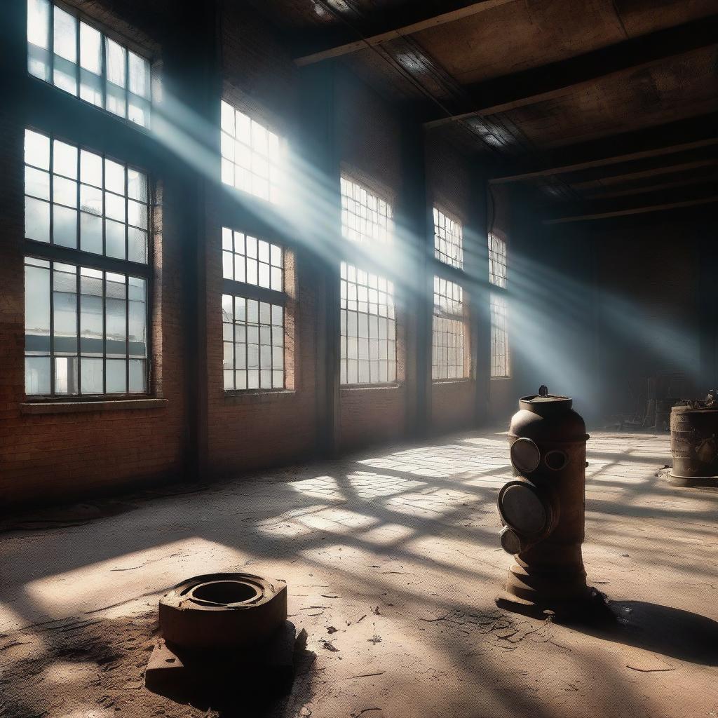 The rays of the full moon filter through the windows of an old industrial warehouse with machinery, boilers, and antique gears, illuminating the gas mask lying on the floor