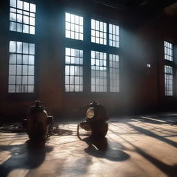 The rays of the full moon filter through the windows of an old industrial warehouse with machinery, boilers, and antique gears, illuminating the gas mask lying on the floor