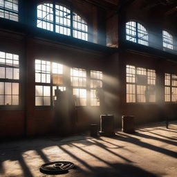 The rays of the full moon filter through the windows of an old industrial warehouse with machinery, boilers, and antique gears, illuminating the gas mask lying on the floor