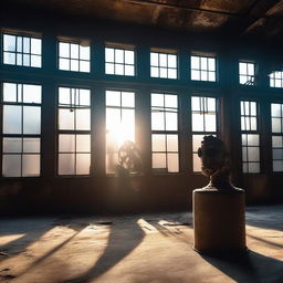 The rays of the full moon filter through the windows of an old industrial warehouse with machinery, boilers, and antique gears, illuminating the gas mask lying on the floor