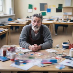 Create a poignant image of an Austrian painter in an art school setting, looking dejected and frustrated