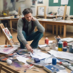 Create a poignant image of an Austrian painter in an art school setting, looking dejected and frustrated