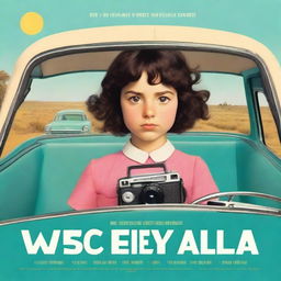 Movie poster in the style of Wes Anderson featuring a 10-year-old girl with short, dark, curly hair in a mullet cut