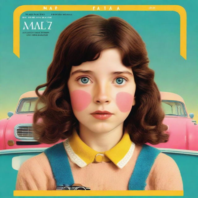 Movie poster in the style of Wes Anderson featuring a 10-year-old girl with short, dark, curly hair in a mullet cut