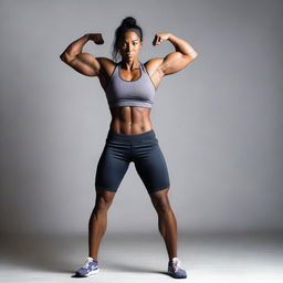 A muscular woman posing and flexing her muscles