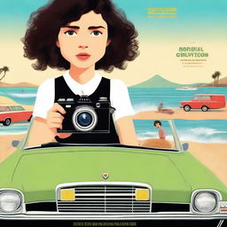 Movie poster in the style of Wes Anderson featuring a 10-year-old girl with short, dark, curly hair in a mullet cut