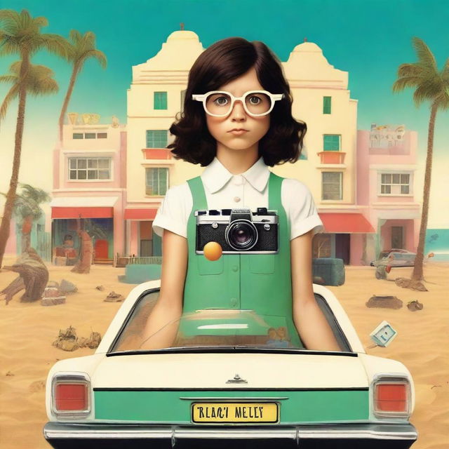 Movie poster in the style of Wes Anderson featuring a 10-year-old girl with short, dark, curly hair in a mullet cut