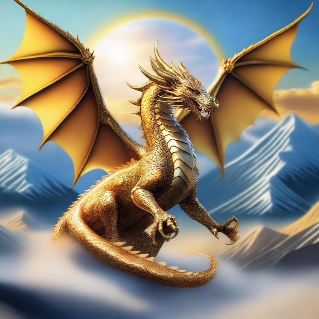 A majestic and sacred dragon soaring through the skies, surrounded by a golden aura