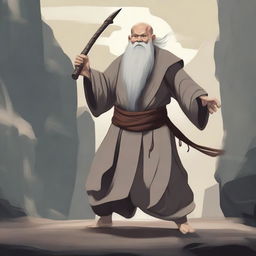 An old dwarf monk is standing in a dynamic pose, wielding a whip