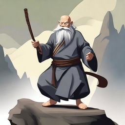 An old dwarf monk is standing in a dynamic pose, wielding a whip