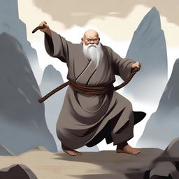 An old dwarf monk is standing in a dynamic pose, wielding a whip