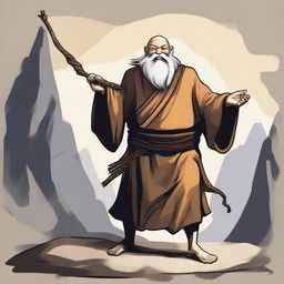 An old dwarf monk is standing in a dynamic pose, wielding a whip