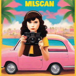 Movie poster in the style of Wes Anderson featuring a 10-year-old girl with short, dark, curly hair in a mullet cut