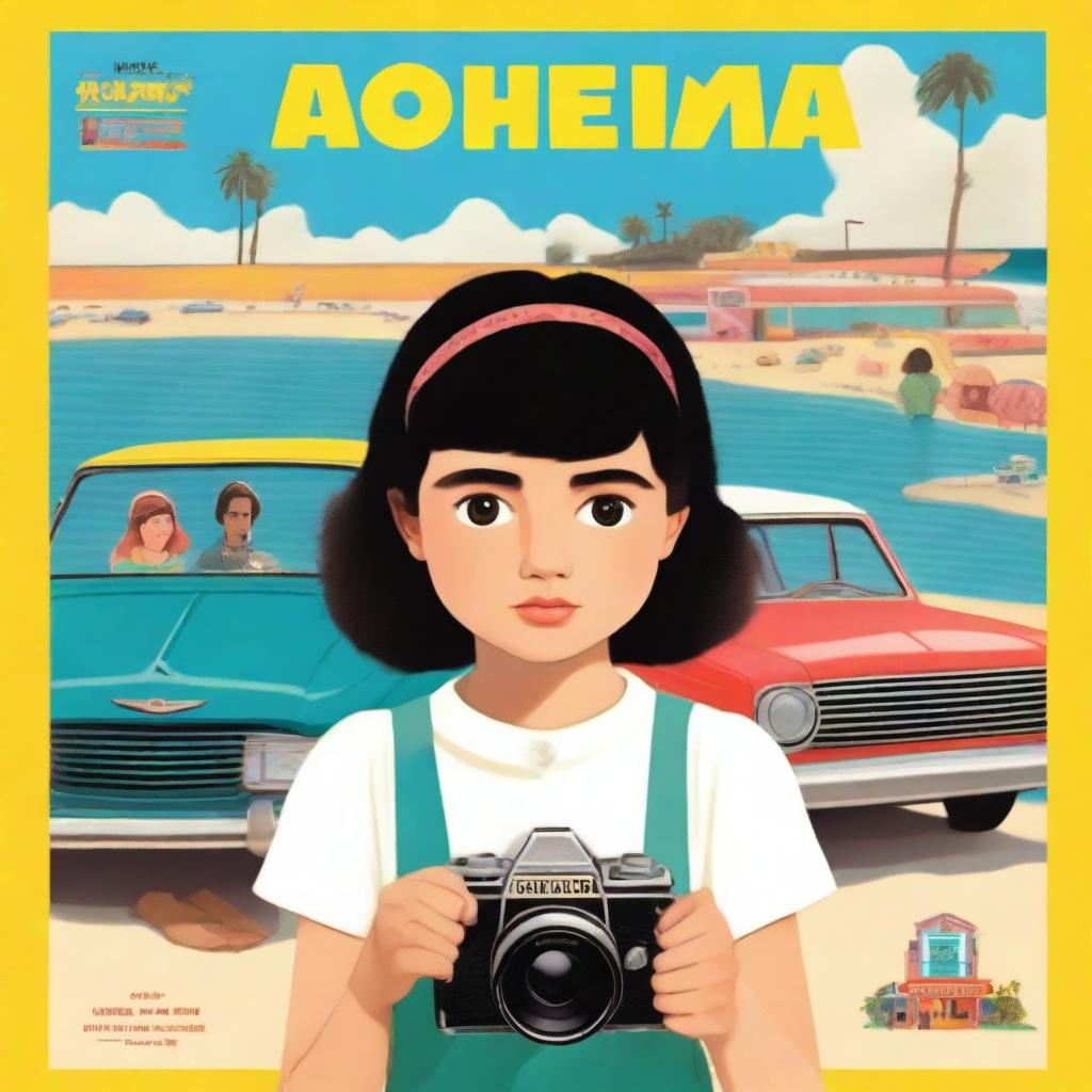 Movie poster in the style of Wes Anderson featuring a 10-year-old girl with short, dark, curly hair in a mullet cut