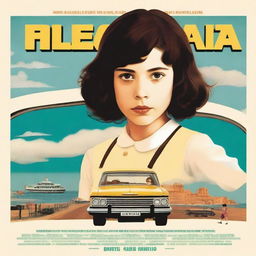 Movie poster in the style of Wes Anderson featuring a 10-year-old girl with short, dark, curly hair in a mullet cut