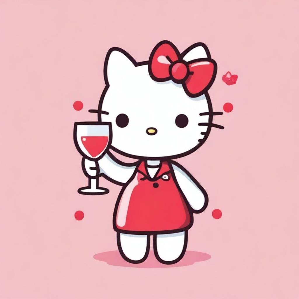 A visual of Hello Kitty holding a glass of wine, featuring her iconic red bow and friendly expression