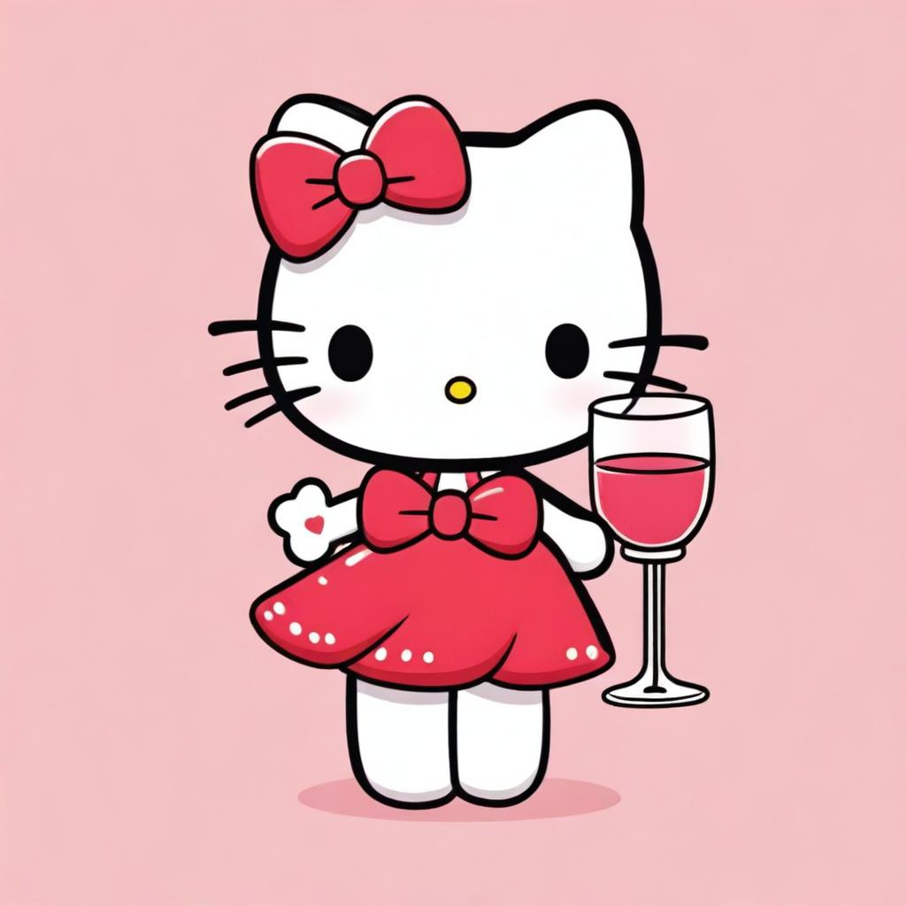 A visual of Hello Kitty holding a glass of wine, featuring her iconic red bow and friendly expression