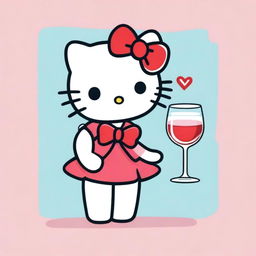 A visual of Hello Kitty holding a glass of wine, featuring her iconic red bow and friendly expression