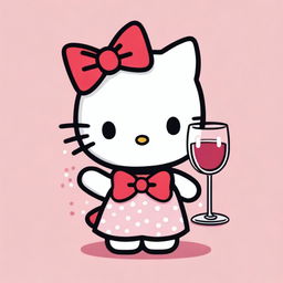 A visual of Hello Kitty holding a glass of wine, featuring her iconic red bow and friendly expression